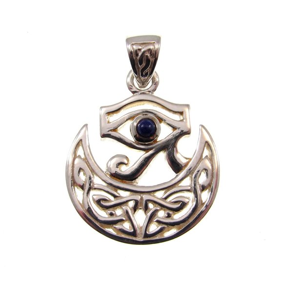 Solid 925 Sterling Silver Eye of RA / Horus Pendant & Celtic Half Moon w/ Lapis - Picture 1 of 5